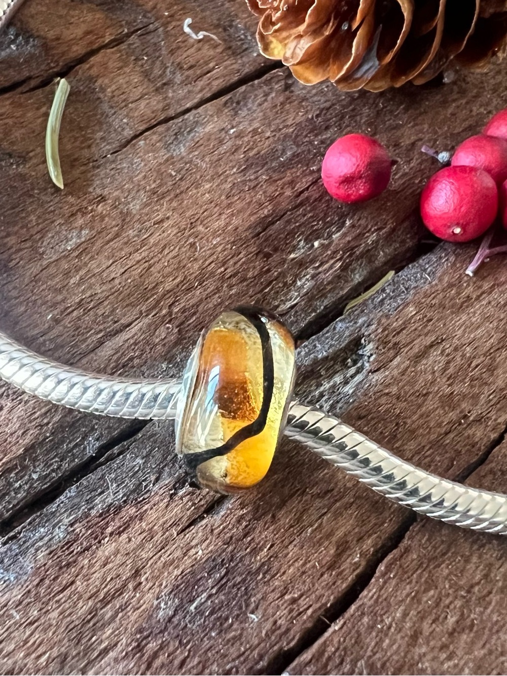 New Chamilia Murano Glass Charm Yellow Amber Swirl Brown Fall